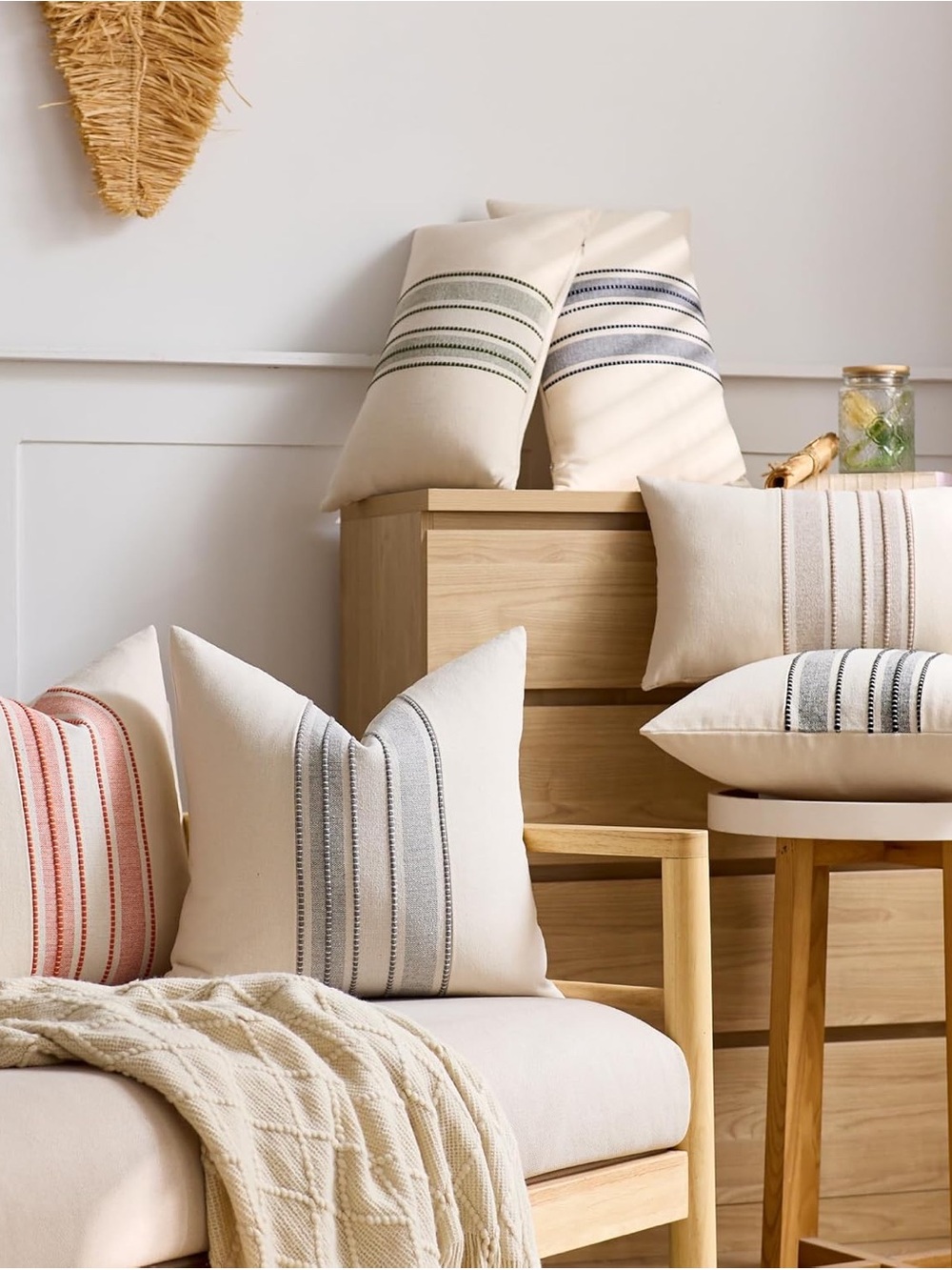 Striped Linen Textured Throw Pillow Covers 18x18 Inch Set of 2 - Picture 6 of 10